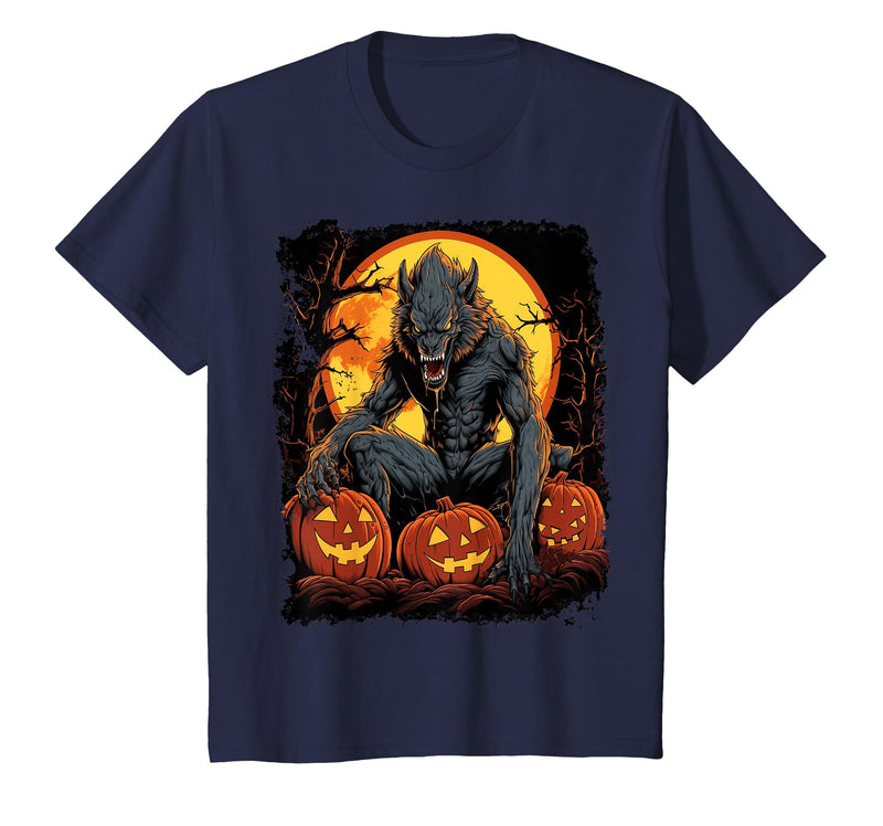 FrightNightFits Werewolf Orange Halloween T-Shirt - Navy Blue