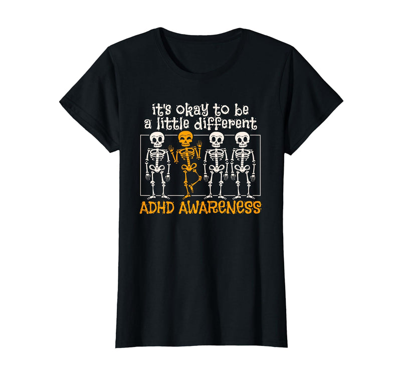 Orange Ribbon ADHD Awareness clothing Halloween Skeleton ADHD Awareness T-Shirt - Black