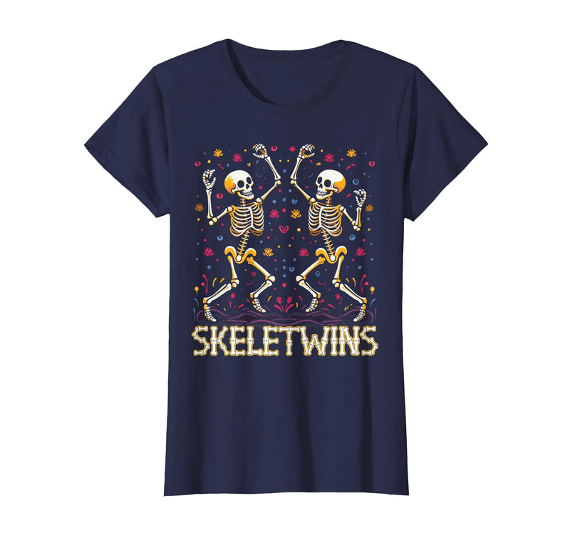 Spirit Week Twin Day Skeletwins Halloween Twins Dancing Skeletons Twins Halloween Matching Skeletwins T-Shirt - Navy Blue