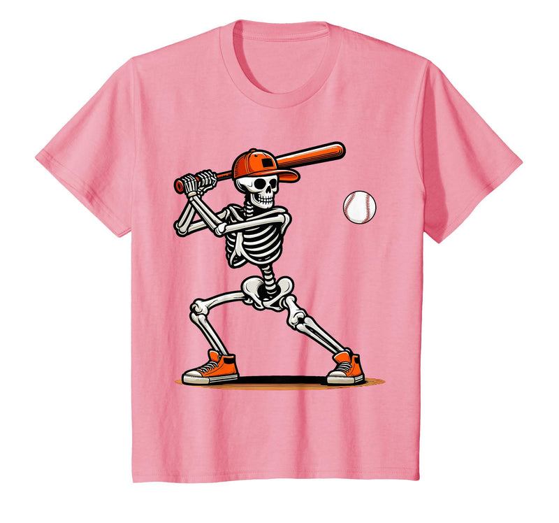 Funny Halloween Skeleton Sports Boys Costume Baseball Skeleton Spooky Boys Halloween Baseball Player T-Shirt - Pink