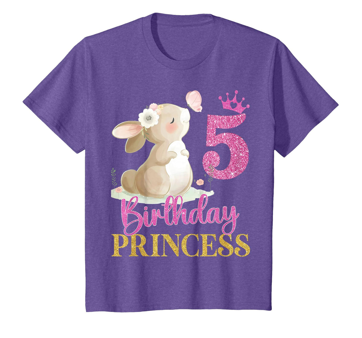 Kids 5th Birthday Rabbit Princess Girl Bunny 5 Years Old T-Shirt in Purple Heather