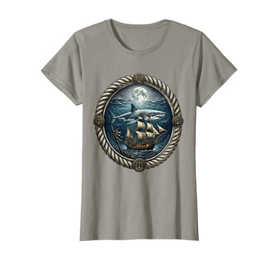 Shark Circling Shipwreck Under Moonlight Pirate T-Shirt