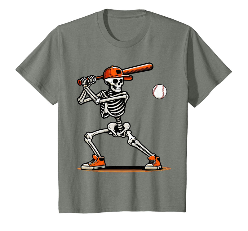 Funny Halloween Skeleton Sports Boys Costume Baseball Skeleton Spooky Boys Halloween Baseball Player T-Shirt - Olive Heather