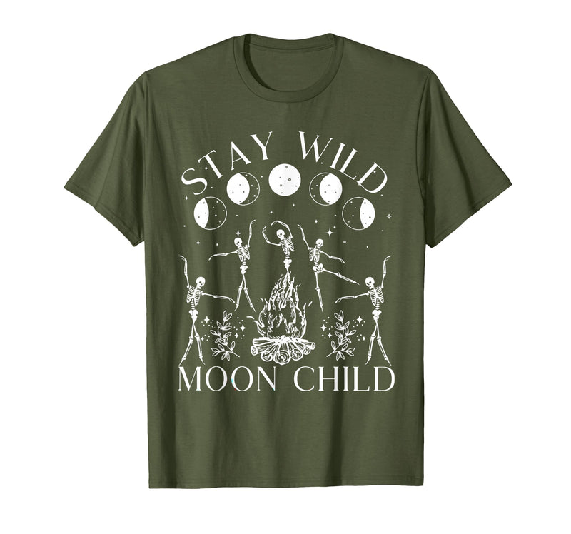 Funny Stay Wild Moon Child Tee Shirt Stay Wild Moon Child Funny Skeleton Dancing Halloween T-Shirt - Olive Green