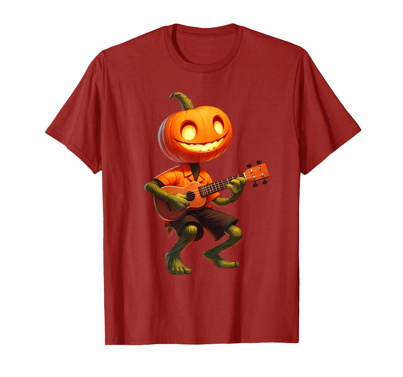 Funny Pumpkin Head Halloween Ukulele Tees Pumpkin Face Playing Ukulele Halloween Costume Men Boys Kids T-Shirt - Cranberry