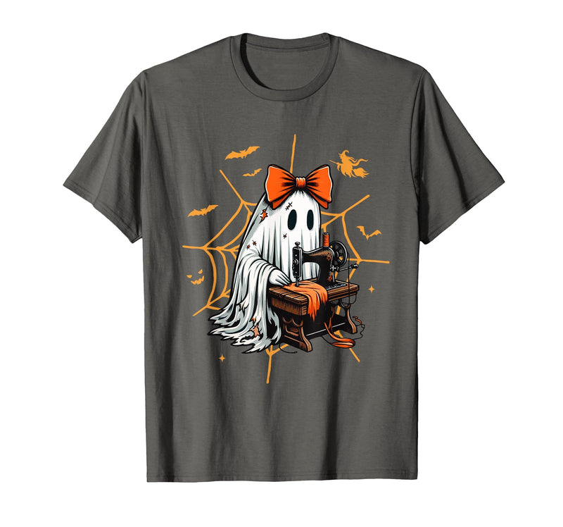 Ghost Quilter Sewing Halloween Costume Cute Ghost Quilter Sewing Halloween Scary Costume Retro T-Shirt - Asphalt Grey