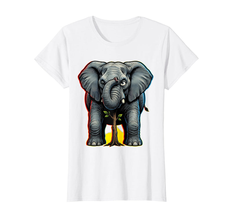 Mademark Funny Elephant Hiding Behind Tiny Tree T-Shirt - Women - White