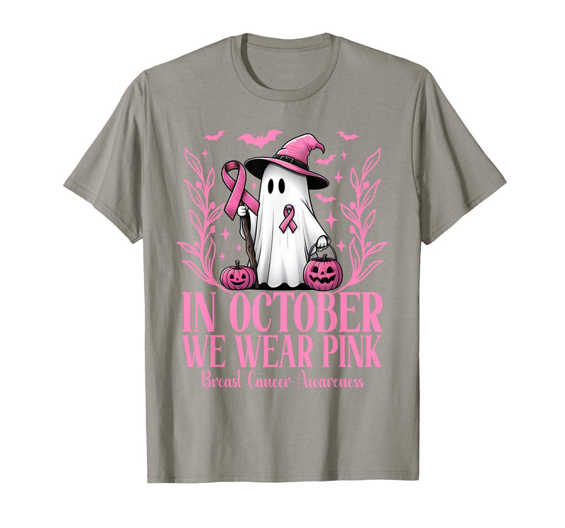 Arich.Tee's Breast Cancer Awareness Ghost in October We Wear Pink Breast Cancer Witch Ghost Halloween T-Shirt - Slate Grey