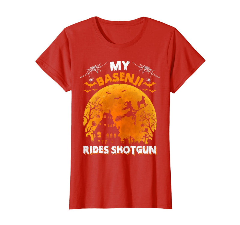 Basenji Dog Witch Halloween Gifts My Basenji Rides Shotgun Basenji Dog Halloween T-Shirt - Red