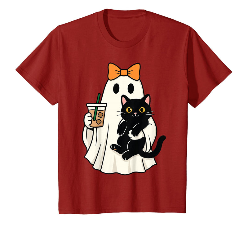 halloween iced coffee costume Cat Women Girls Cute Halloween Cat Ghost Drinking Coffee Ghost Women Girls T-Shirt - Cranberry