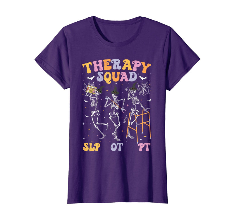 Speech Occupational Physical Therapy Halloween Therapy Squad SLP OT PT Halloween Speech Physical Skeleton T-Shirt - Purple