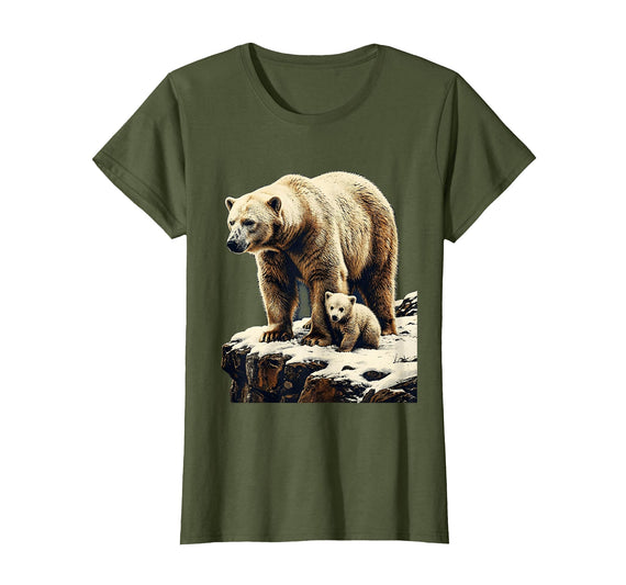 Mademark Mama Polar Bear and Cub Snowy Cliff Illustration T-Shirt - Olive Green