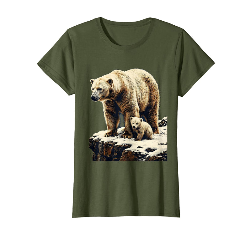 Mademark Mama Polar Bear and Cub Snowy Cliff Illustration T-Shirt - Olive Green
