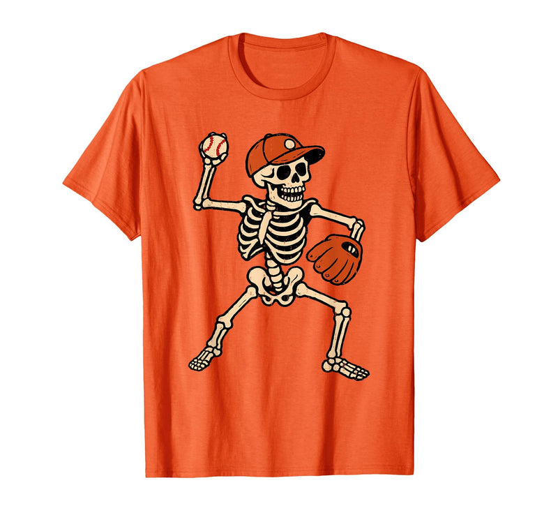 Funny Skeleton Baseball Tee Skeleton Baseball Halloween Costume Pitcher Sport Player T-Shirt - Orange