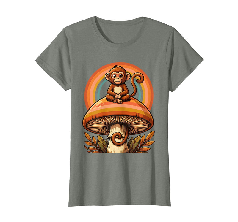 Mademark Monkey Perched on Giant Mushroom Illustration T-Shirt - Women - Olive Heather