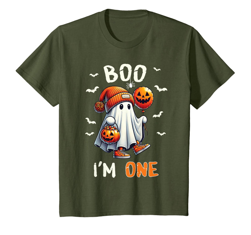 Halloween Boo I'm First 1st Birthday Boy Boo I'm One Ghost 1st Birthday Halloween Boy Kids Groovy T-Shirt - Olive Green