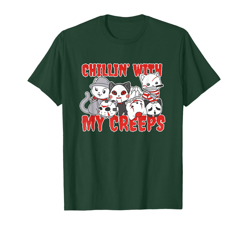 Chillin With My Creeps Apparel Chillin with My Creeps Cat Horror Killer Halloween Costume T-Shirt - Dark Green