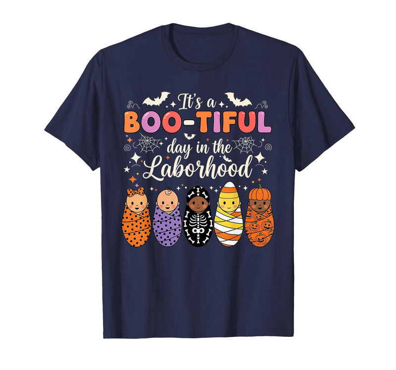Its A Bootiful Day In The Laborhood Tee Nurse Spooky Swaddle Squad Halloween Funny Labor and Delivery T-Shirt - Navy Blue