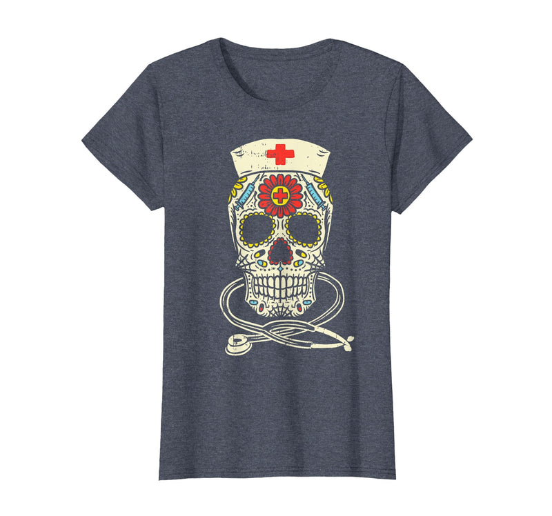 Halloween Nurse Shirts For Women Scrub Costumes Nurse Sugar Skull Stethoscope RN Medical Halloween Costume T-Shirt - Heather