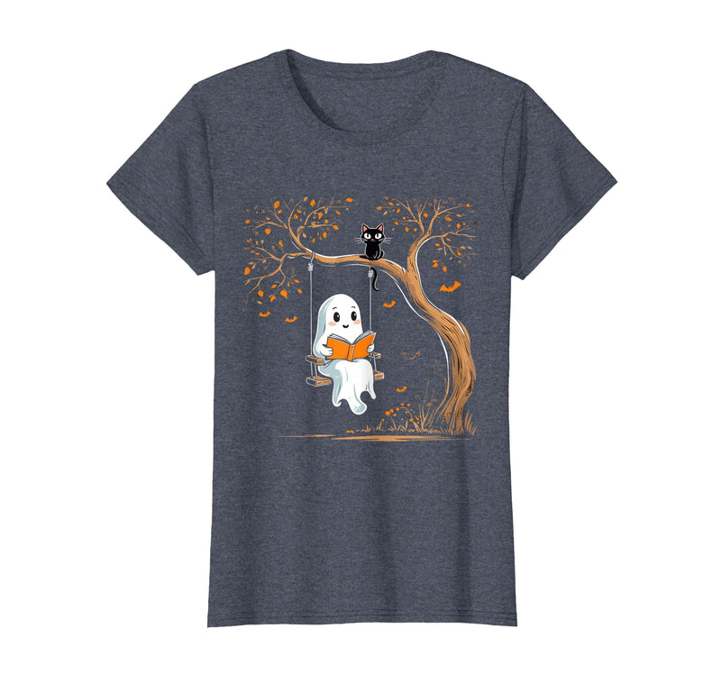 Halloween Ghost Swing Reading Vintage Ghost Swing Reading Book Swinging Halloween Costume T-Shirt - Heather Blue
