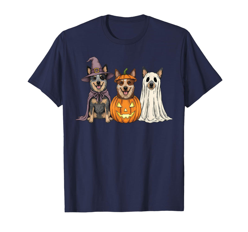 Funny Retro Australian Cattle Dog Halloween Witch Spooky Ghost Blue Heeler Pumpkin Halloween Dog Lover T-Shirt - Navy Blue