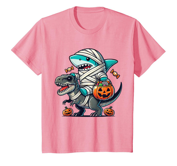 Funny Shark Dinosaur Halloween Kids Boys Tees Shark Riding Dinosaur T-rex Funny Halloween Pumpkin Boys Kid T-Shirt - Pink