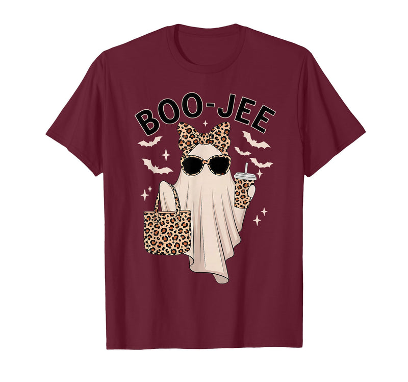 Halloween Boo-Jee Leopard Ghost Coquette Bow Coquette Leopard Ghost Coffee Boo-JEE Halloween Boujee Ghost T-Shirt - Burgundy