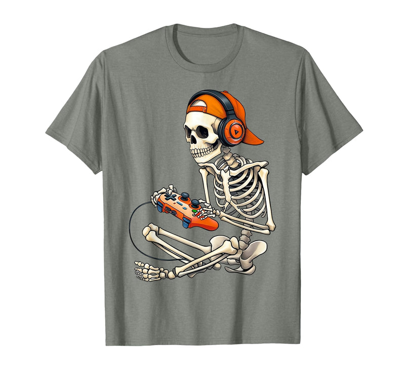 Halloween Skeleton Shirts for Gamers Men Boys Kids Halloween Skeleton Gamer Video Gaming Boys Men Kids Funny T-Shirt - Olive
