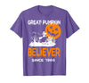 BlackThreadCa Great Pumpkin Believer Halloween Fun Graphic T-Shirt - Purple Heather
