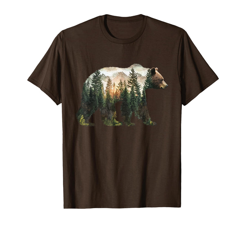 Bear Designs. Bear Forest Mountains Trees Nature Sunset Outdoor Graphic T-Shirt - Brown