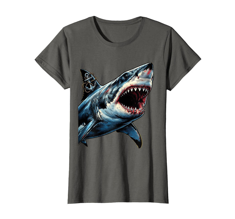 Mademark Shark With Anchor Tattoo Art Graphic Design T-Shirt - Asphalt Grey