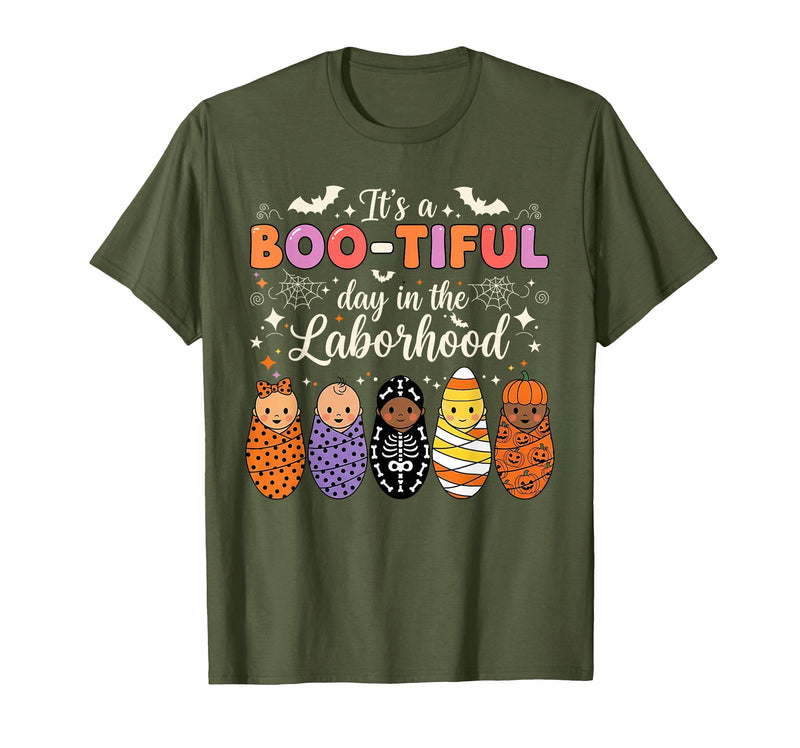 Its A Bootiful Day In The Laborhood Tee Nurse Spooky Swaddle Squad Halloween Funny Labor and Delivery T-Shirt - Olive Green