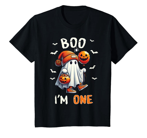 Halloween Boo I'm First 1st Birthday Boy Boo I'm One Ghost 1st Birthday Halloween Boy Kids Groovy T-Shirt - Black