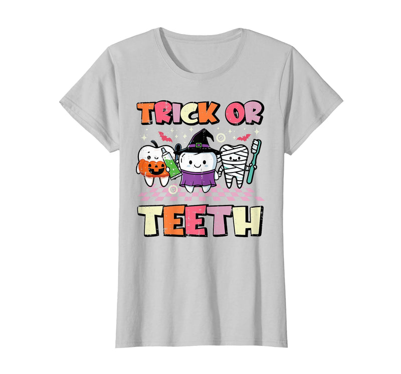Halloween Shirts For Women Men Kids Boys Girls Halloween Dentist Trick Or Teeth Dental Costume Men Women T-Shirt - Silver