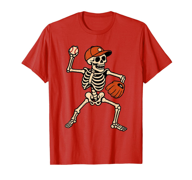 Funny Skeleton Baseball Tee Skeleton Baseball Halloween Costume Pitcher Sport Player T-Shirt - Red