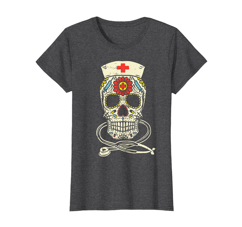 Halloween Nurse Shirts For Women Scrub Costumes Nurse Sugar Skull Stethoscope RN Medical Halloween Costume T-Shirt - Dark