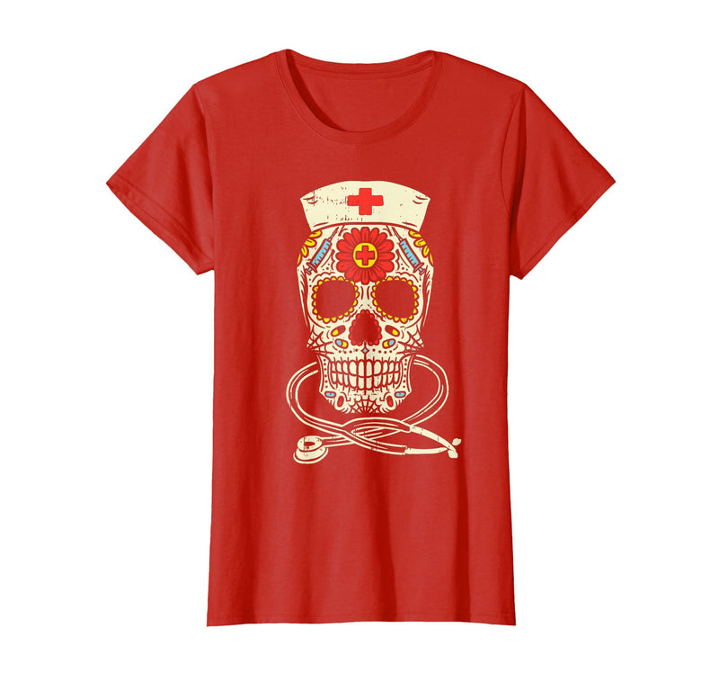 Halloween Nurse Shirts For Women Scrub Costumes Nurse Sugar Skull Stethoscope RN Medical Halloween Costume T-Shirt - Red