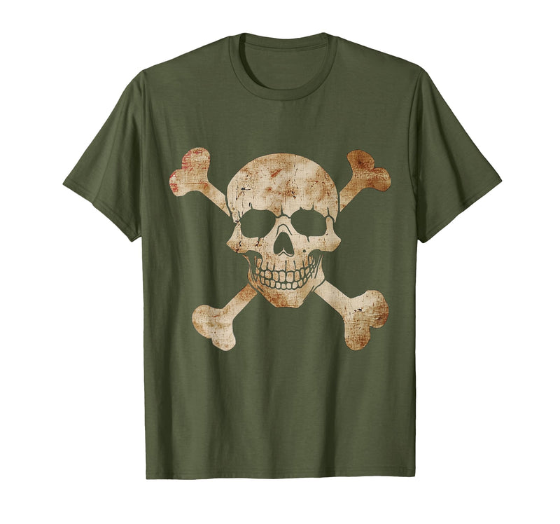 Halloween Designs. Pirate Flag Skull and Crossbones Skeleton Graphic Halloween T-Shirt - Olive Green