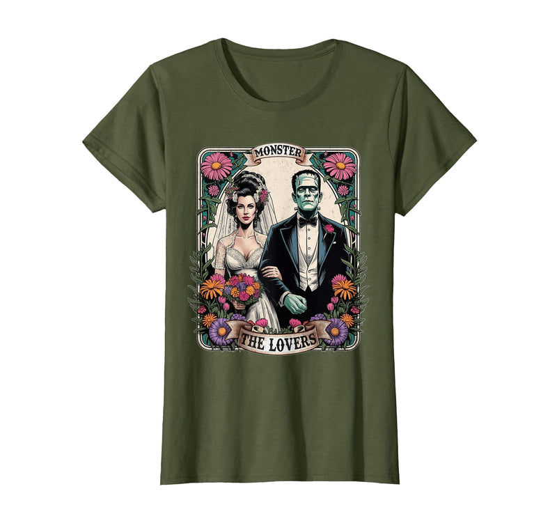 The Lovers Tarot Card Spooky Halloween Women Men The Monster Frankenstein and Bride The Lovers Tarot Card T-Shirt - Olive