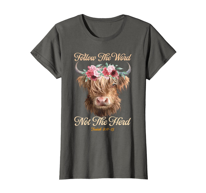 Christian Western Highland Cow Lovers Tees Follow The Word Not The Herd Christian Western Highland Cow T-Shirt - Asphalt Grey
