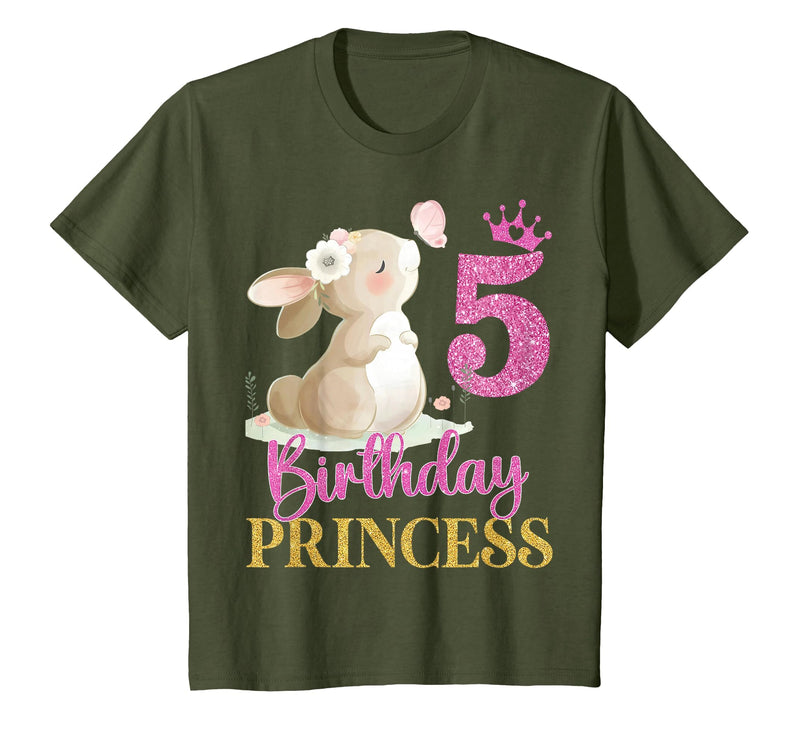 Kids 5th Birthday Rabbit Princess Girl Bunny 5 Years Old T-Shirt in Olive Green