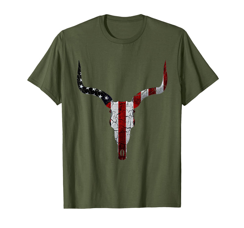Cow skull USA Flag Bull Skull American Flag Cow Skull Western Graphic Wild West T-Shirt - Olive Green