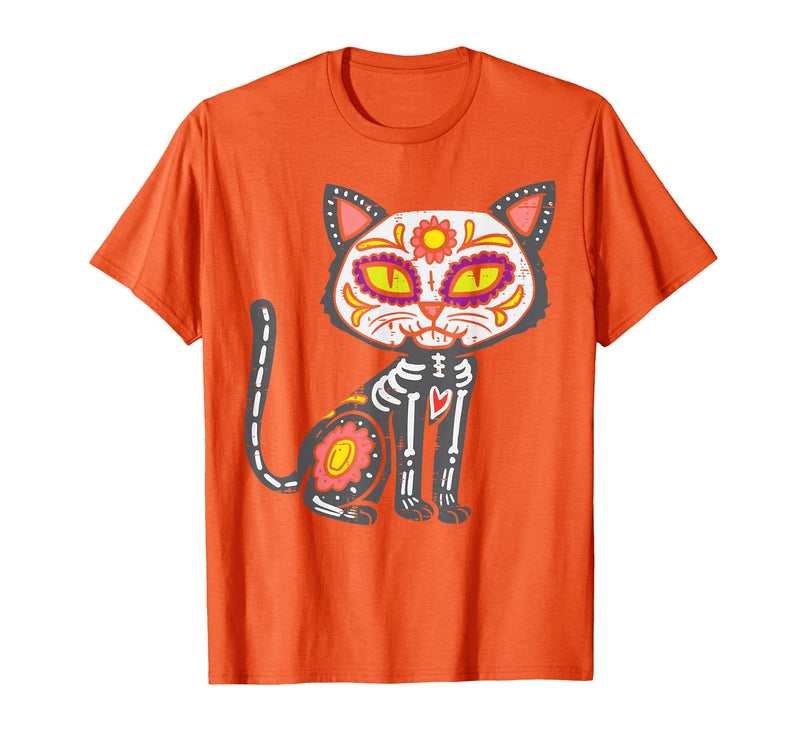 Halloween Cat Shirts For Women Men Kids Owner Sugar Skull Cat Dia De Muertos Day of Dead Halloween Mexican T-Shirt - Orange
