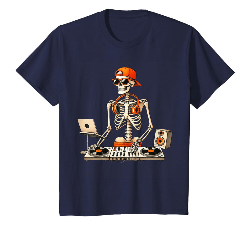 Funny Skeleton DJ Halloween Men Outfit Skeleton DJ Halloween Costume Turntable Music Funny Men Boys T-Shirt - Navy Blue