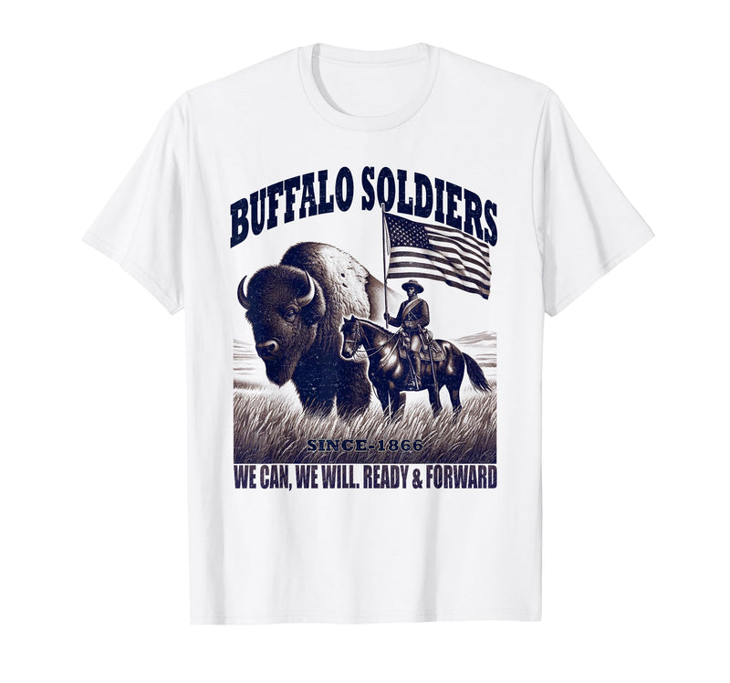 Buffalo Soldiers Vintage Military Graphic Tees Buffalo Soldiers, African American Black History Military T-Shirt - White