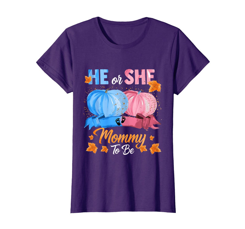 He Or She Pumpkin Gender Reveal Party Supplies Tee Halloween Pumpkin Gender Reveal He or She Mommy to Be T-Shirt - Purple