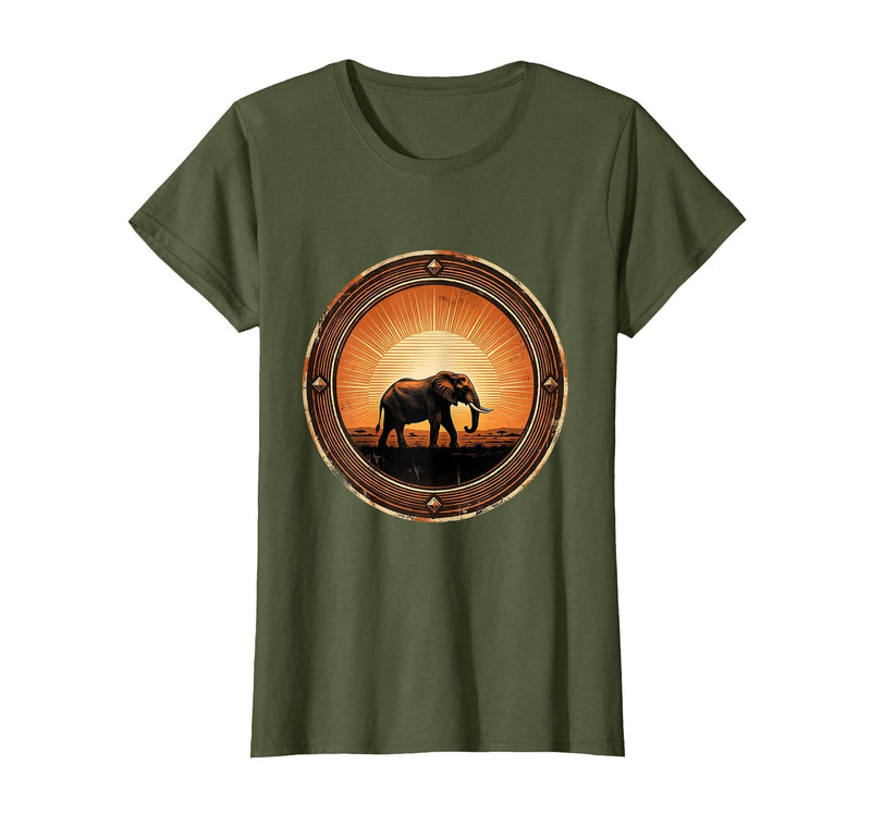 Mademark Elephant Silhouette Glowing Safari Sunset T-Shirt - Women - Olive Green