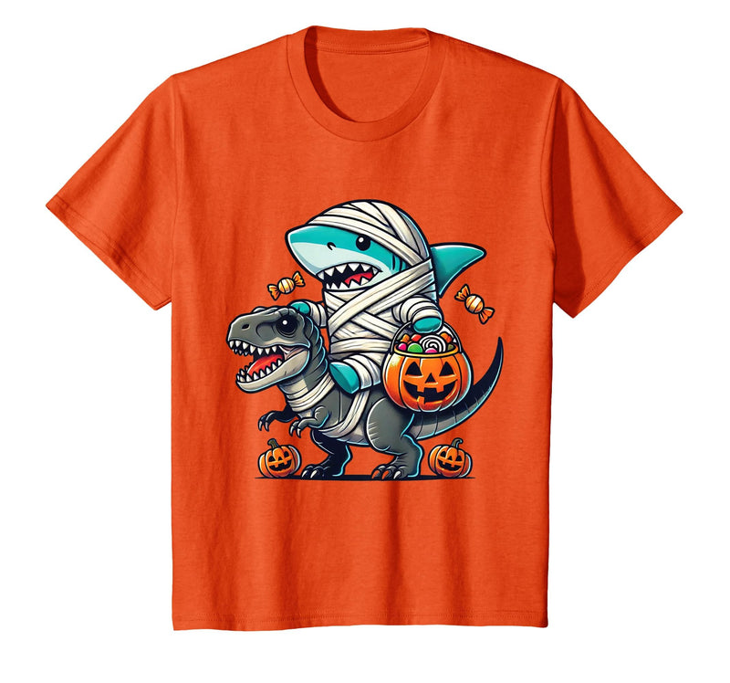 Funny Shark Dinosaur Halloween Kids Boys Tees Shark Riding Dinosaur T-rex Funny Halloween Pumpkin Boys Kid T-Shirt - Orange