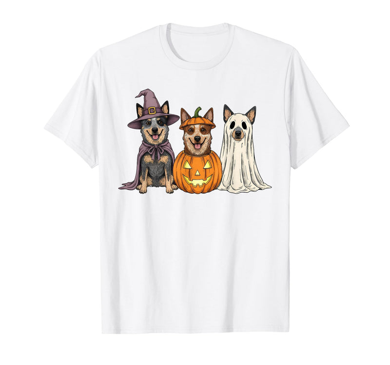 Funny Retro Australian Cattle Dog Halloween Witch Spooky Ghost Blue Heeler Pumpkin Halloween Dog Lover T-Shirt - White