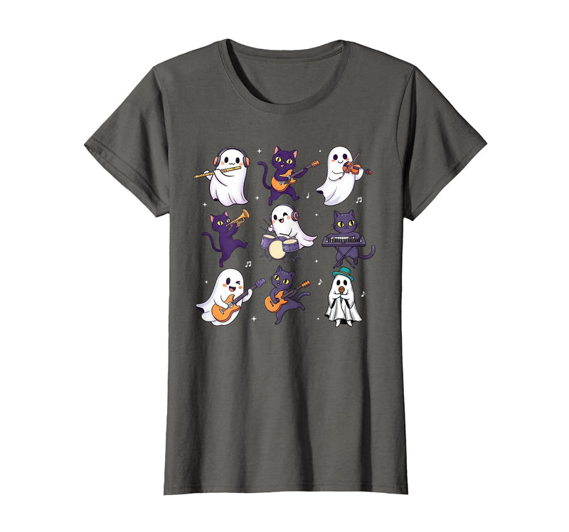 Halloween Music Teacher Ghost Music Lover Cute Ghost Cat Playing Musical Halloween Music Teacher T-Shirt - Asphalt Grey